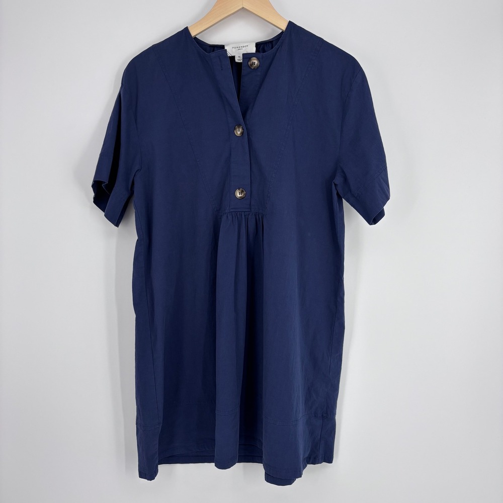 Pomander Place Lea Dress Women M Navy Blue Cotton Blend Button Shift Tunic *FLAW